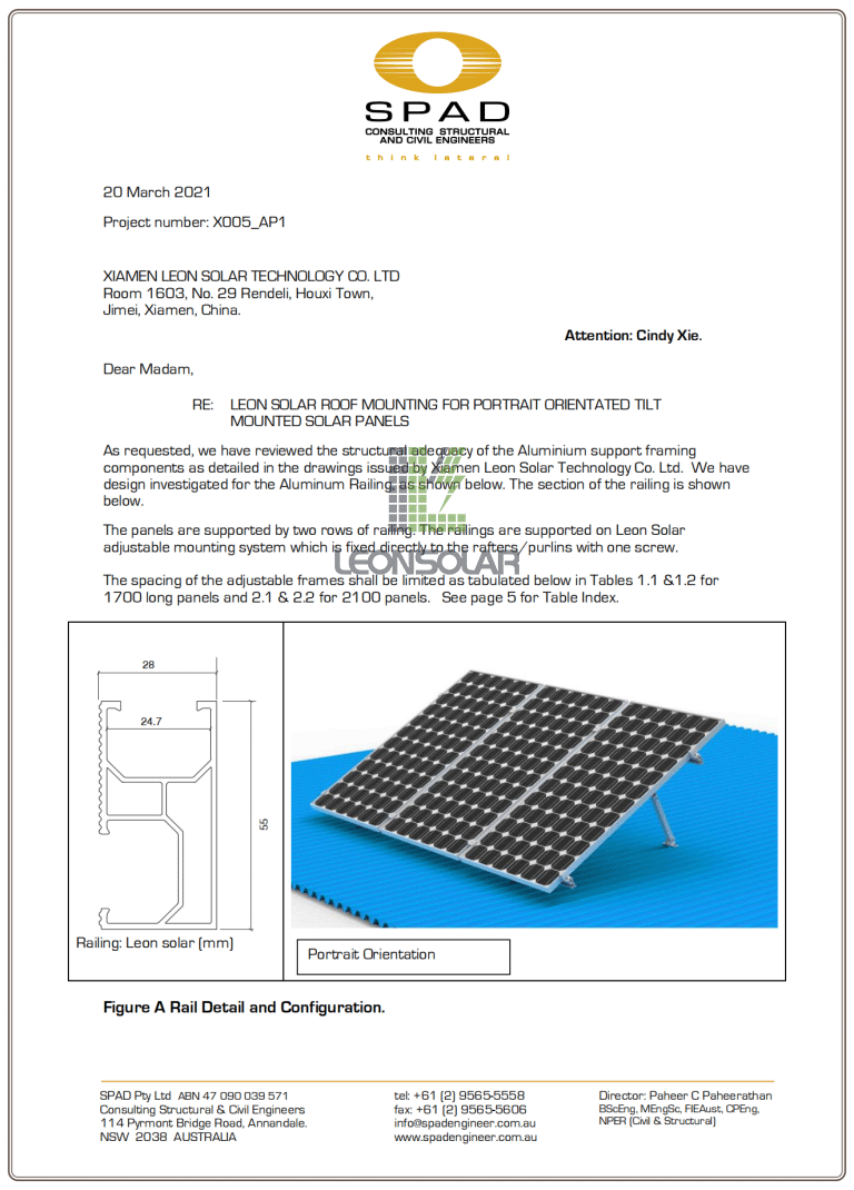 Leon Solar Certificates Adjustable Tilt System